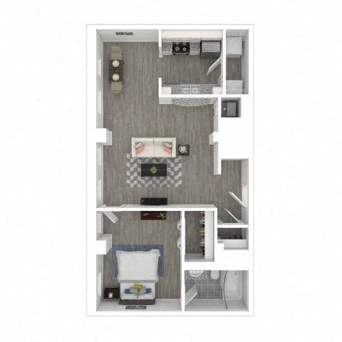 A top-down view of a small apartment with a bedroom, living room, and kitchen.